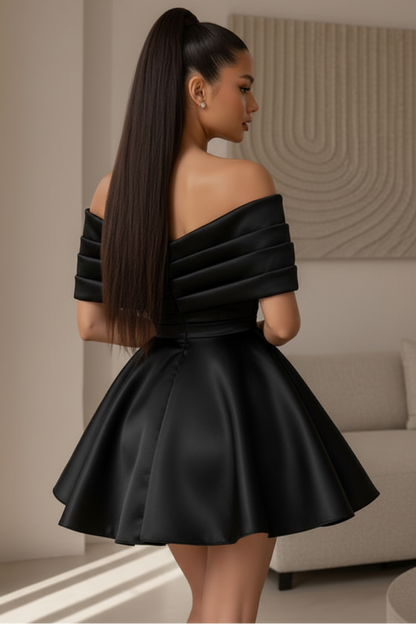 Off-the-Shoulder Pleated Satin Mini Dress
