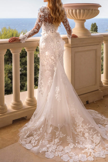 Illusion Long Sleeve Floral Lace Mermaid Wedding Gown