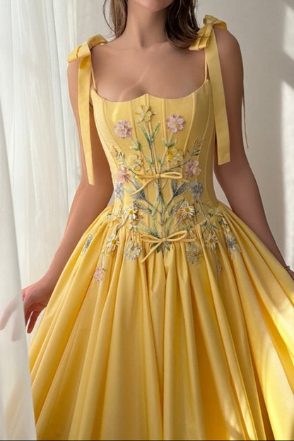 Embroidered Corset A-Line Ball Gown with Bow Straps