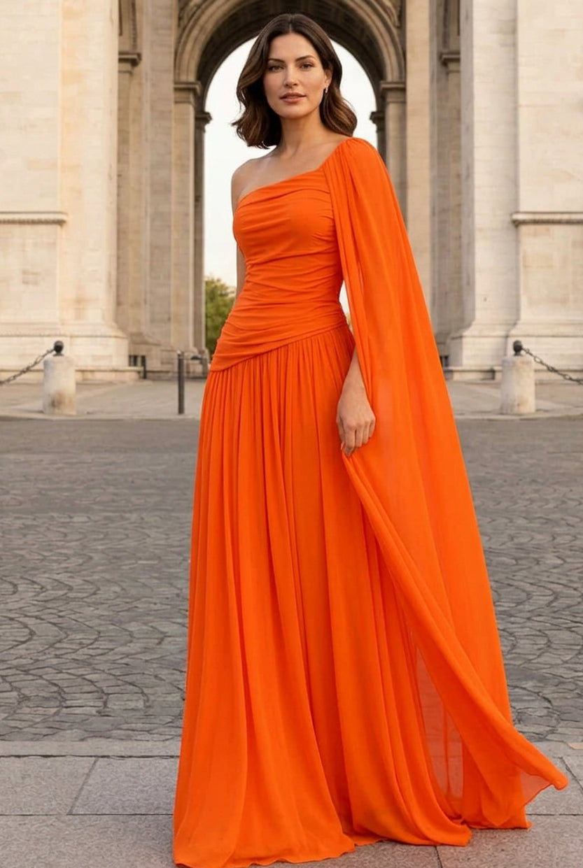 One-Shoulder Ruched Gown with Cape Drape