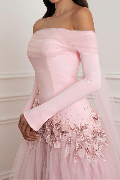 Off-the-Shoulder Tulle Gown with Floral Appliques