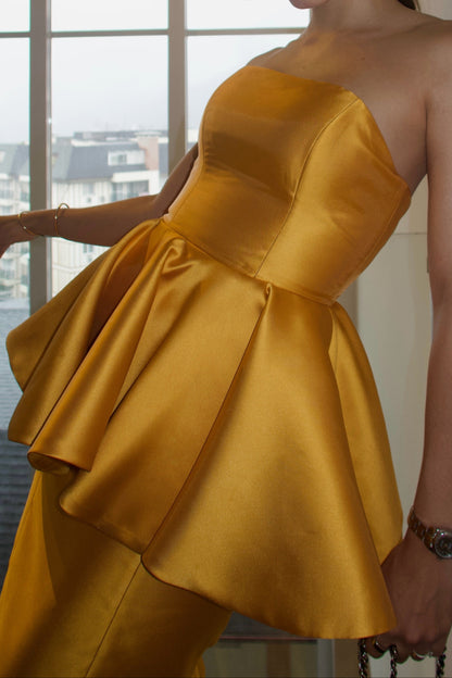 Strapless Peplum Mermaid Evening Gown