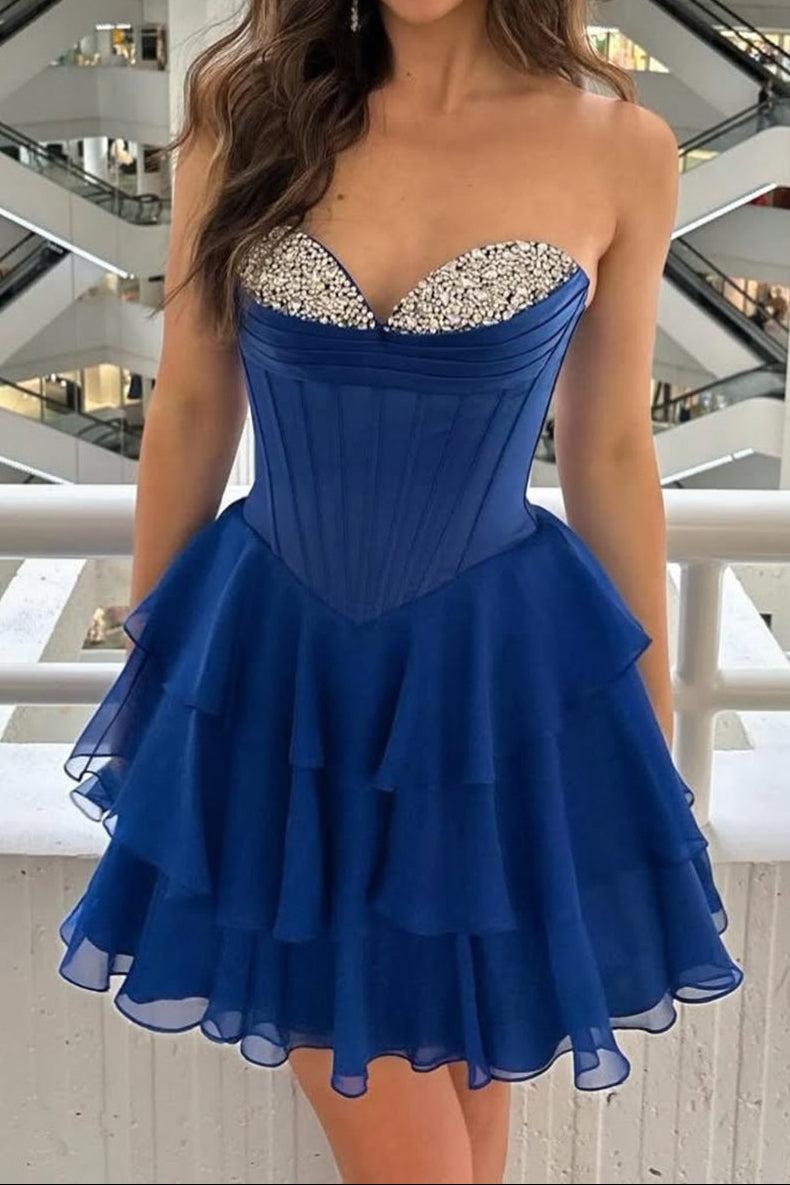 Strapless Sweetheart Rhinestone Corset Tiered Mini Dress