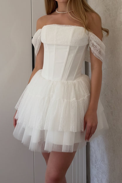 Off-Shoulder Corset Mini Dress with Tiered Tulle Skirt