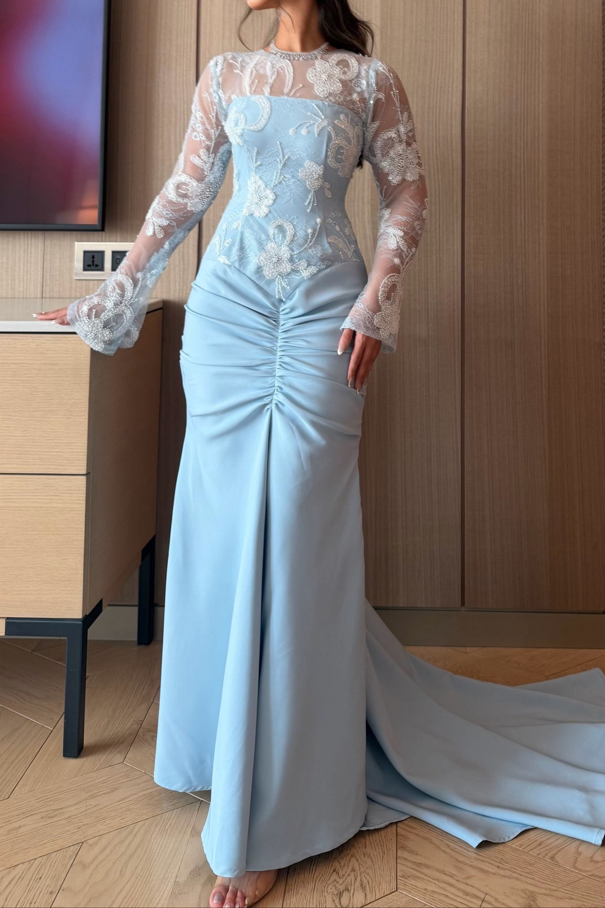 Embroidered Illusion Long Sleeve Gown with Train