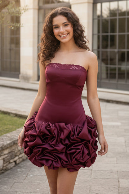 Strapless Burgundy Mini Dress with Ruffled Satin Skirt