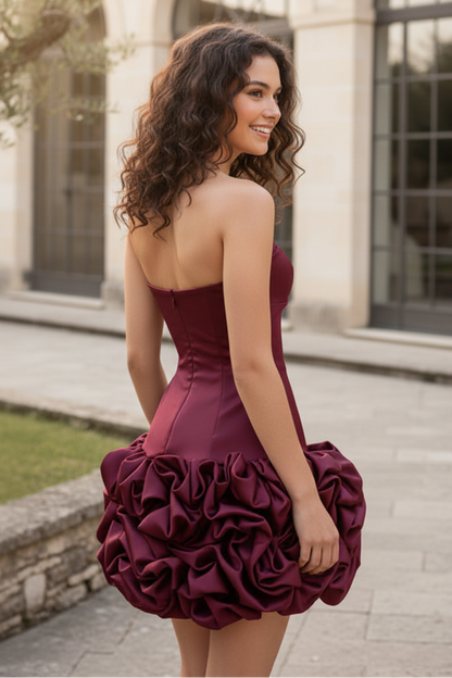 Strapless Burgundy Mini Dress with Ruffled Satin Skirt