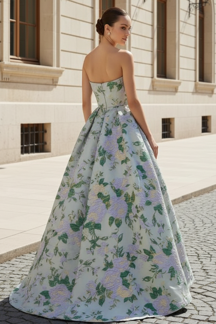 Strapless Floral Jacquard A-Line Ball Gown