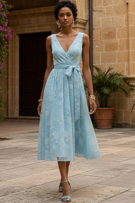Lace A-Line V-Neck Midi Dress with Sash
