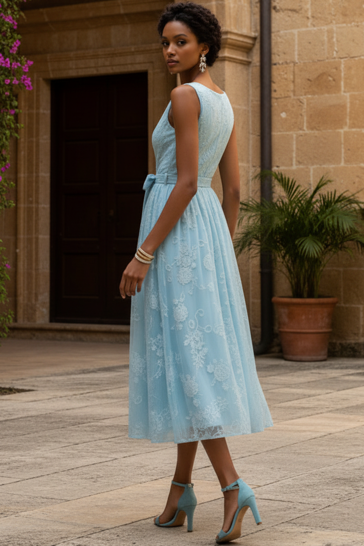 Lace A-Line V-Neck Midi Dress with Sash