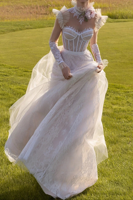 Corset Wedding Dress with Illusion Neck & Ruffled Sleeves