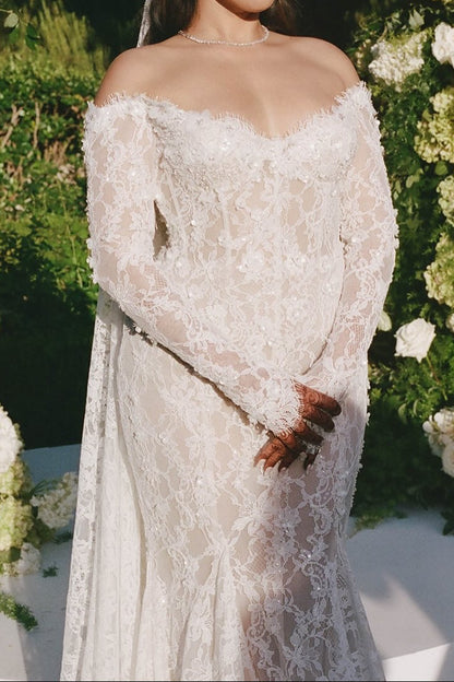 Off-Shoulder Lace Open-Back Wedding Gown