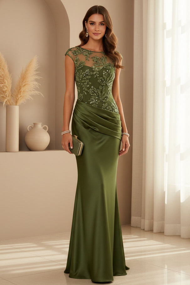Illusion Embroidered Cap Sleeve Satin Gown