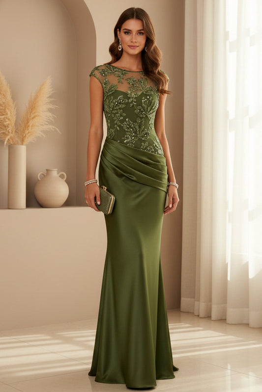 Illusion Embroidered Cap Sleeve Satin Gown