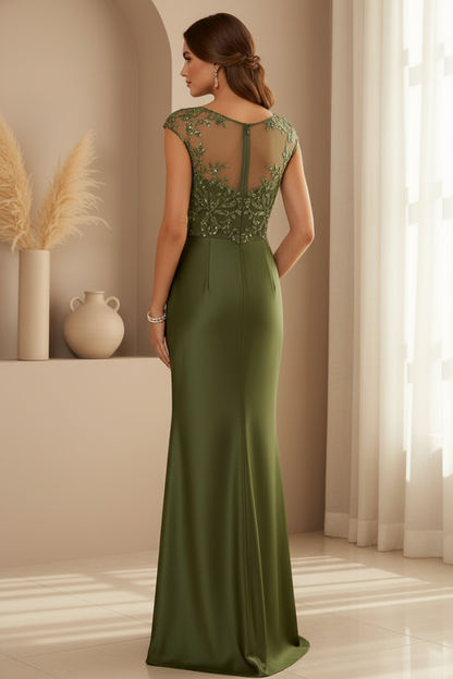 Illusion Embroidered Cap Sleeve Satin Gown