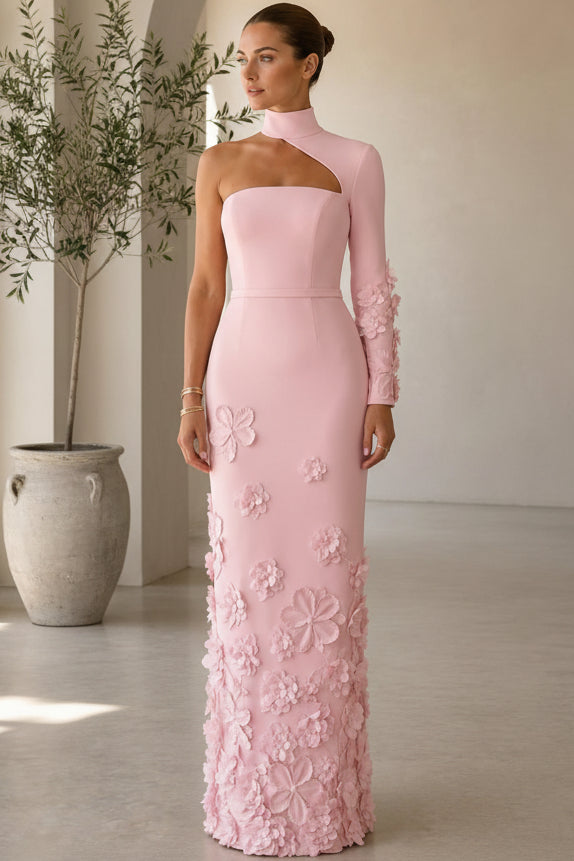 Asymmetric High Neck Floral Column Gown
