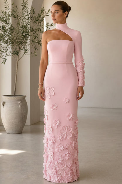 Asymmetric High Neck Floral Column Gown