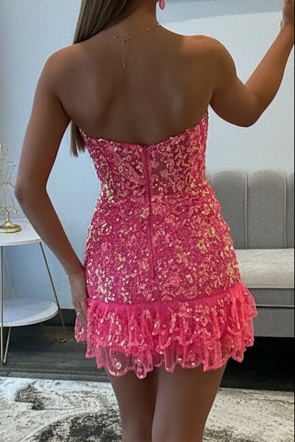 Strapless Floral Sequin Tiered Hem Mini Dress