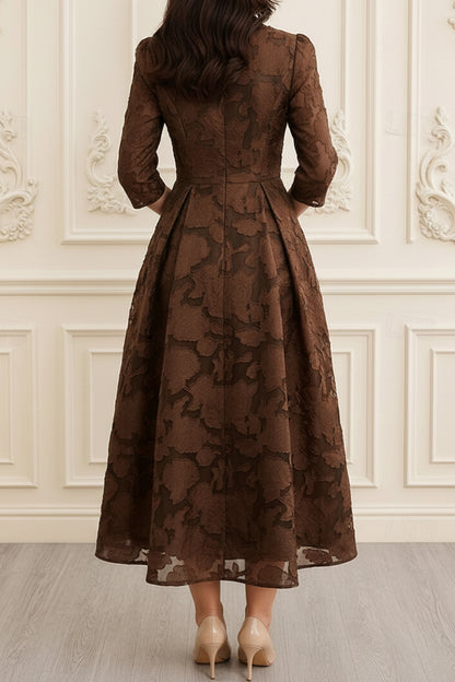 Floral Jacquard Wrap Dress with 3/4 Sleeves & High-Low Hem
