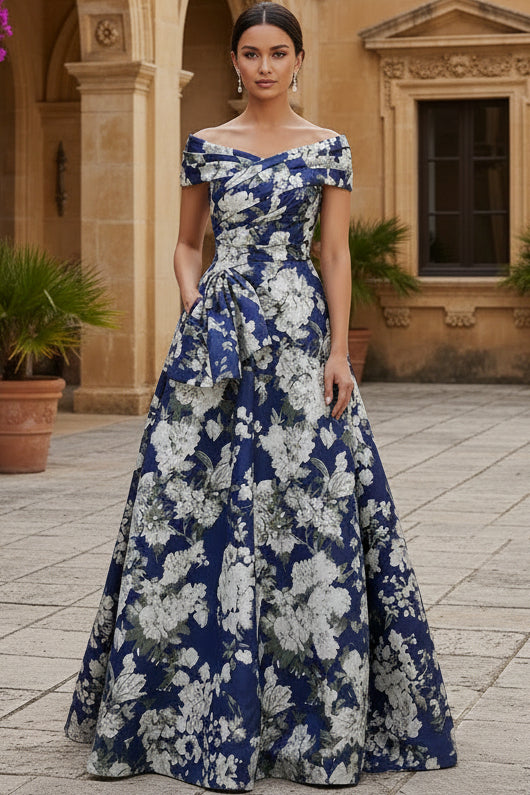 Off-the-Shoulder Floral Jacquard A-Line Gown