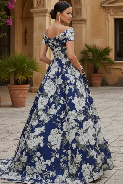 Off-the-Shoulder Floral Jacquard A-Line Gown