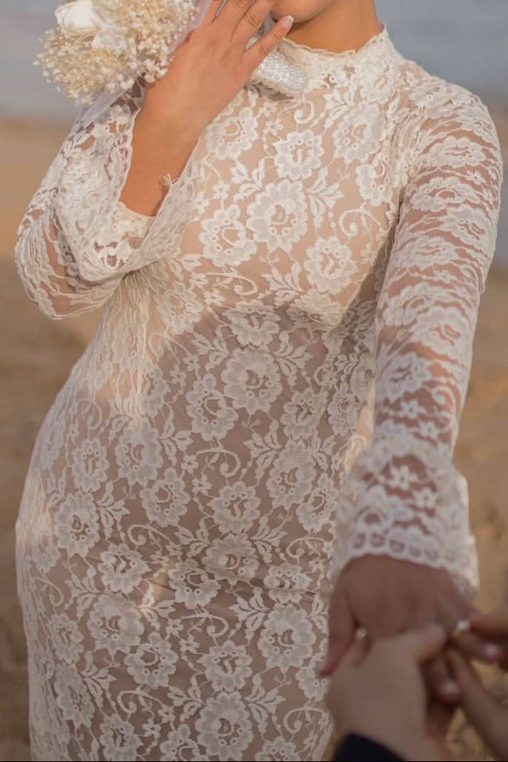 High Neck Lace Midi Wedding Dress with Keyhole Back