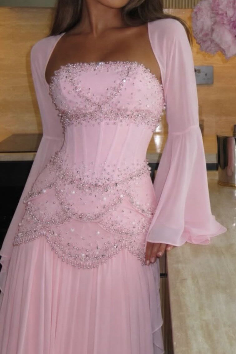 Beaded Corset Pleated Chiffon Gown with Bell Sleeves