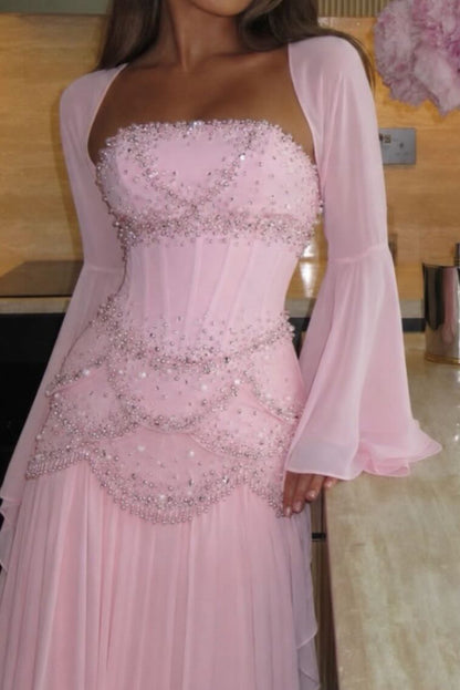 Beaded Corset Pleated Chiffon Gown with Bell Sleeves