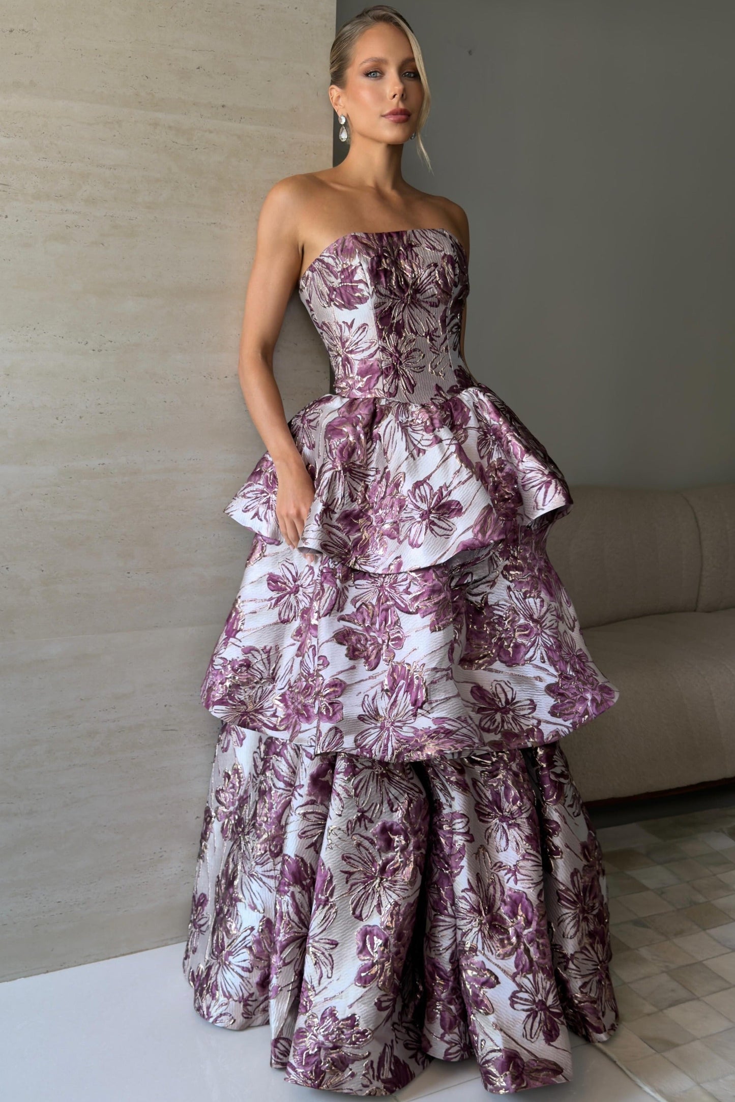 Strapless Tiered Jacquard Ball Gown