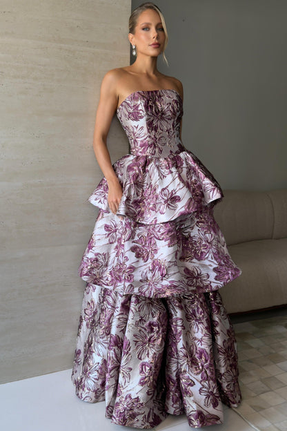 Strapless Tiered Jacquard Ball Gown