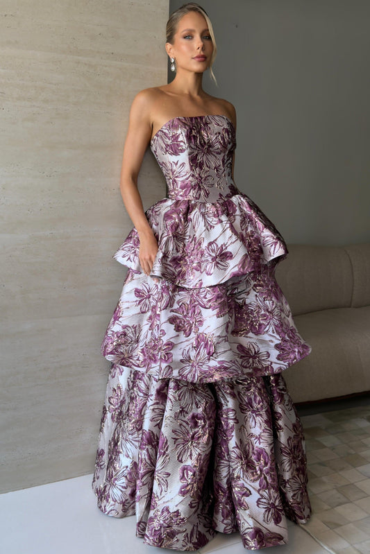 Strapless Tiered Jacquard Ball Gown