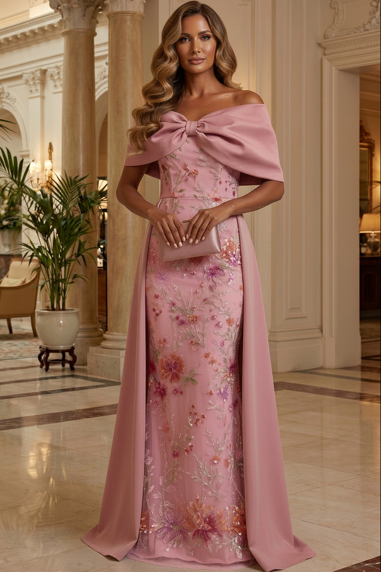 Off-the-Shoulder Embroidered Gown with Overskirt
