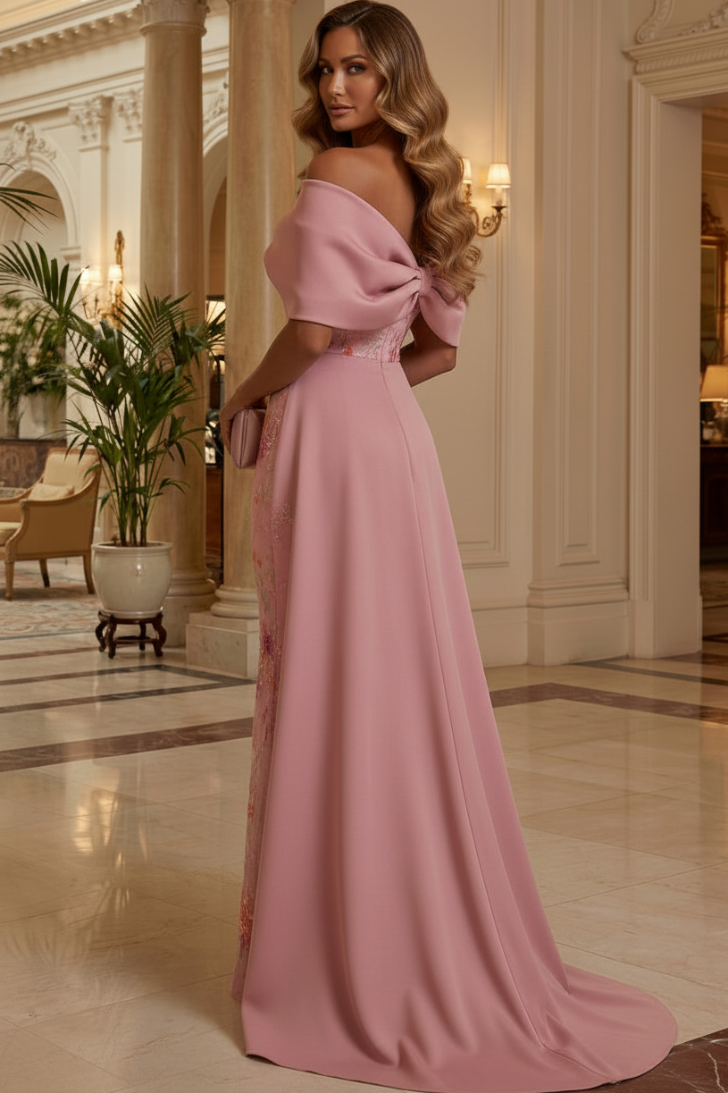 Off-the-Shoulder Embroidered Gown with Overskirt