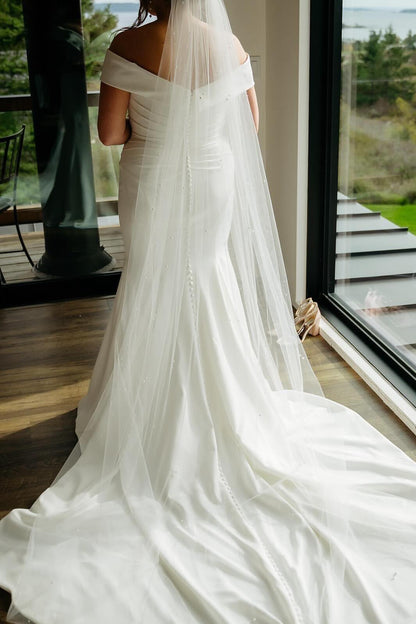 Off-the-Shoulder Fit and Flare Crepe Wedding Dress