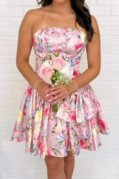 Strapless Floral Print Tiered Mini Dress