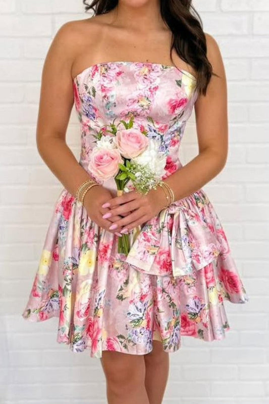 Strapless Floral Print Tiered Mini Dress
