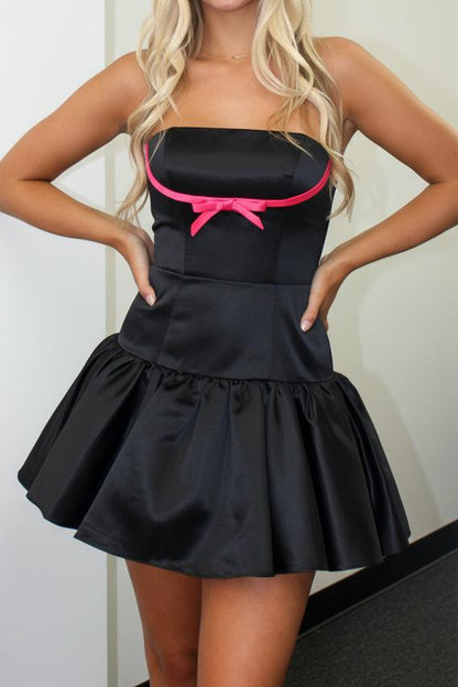Strapless Drop-Waist Mini Dress with Bust Bow