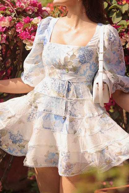 Tiered Floral Puff Sleeve Mini Dress