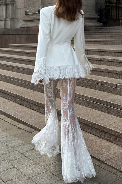 Lace Trim Tailored Blazer and Sheer Flared Pants Set