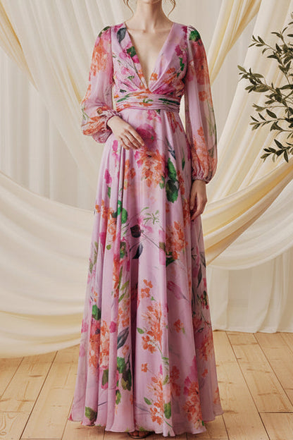 Floral Print Plunging V-Neck Maxi Dress