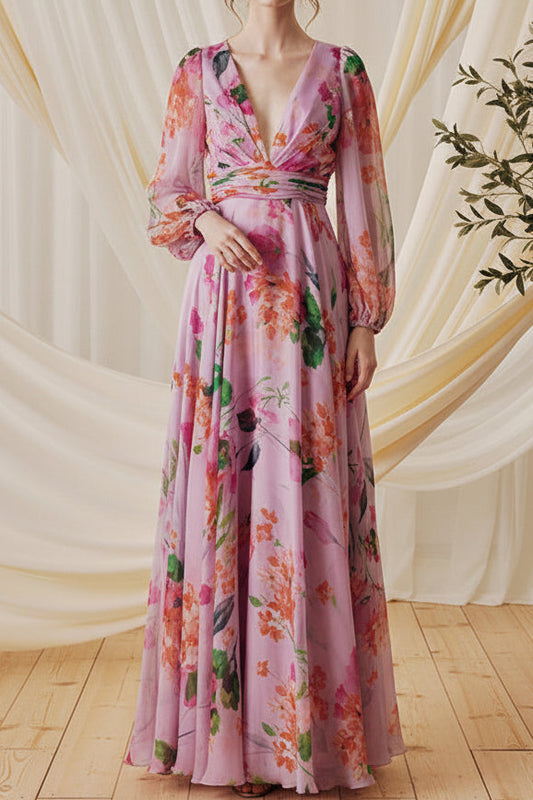 Floral Print Plunging V-Neck Maxi Dress