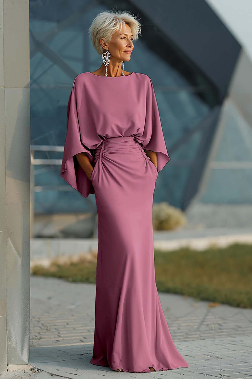 Elegant Ruched Evening Gown with Cape Sleeves