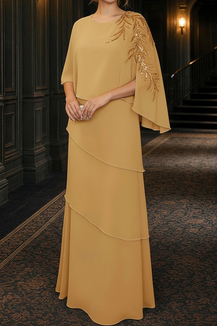Tiered Capelet Evening Gown with Sequin Accent