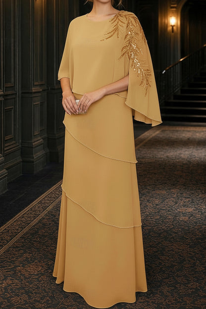 Tiered Capelet Evening Gown with Sequin Accent