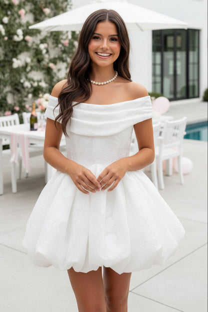 Off-the-Shoulder Floral Jacquard Bubble Mini Dress