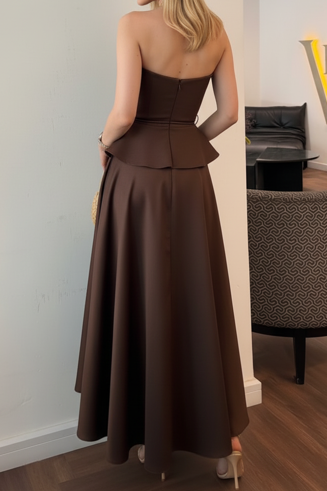 Strapless Peplum Midi Dress with Tie Waist