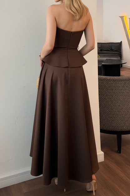 Strapless Peplum Midi Dress with Tie Waist
