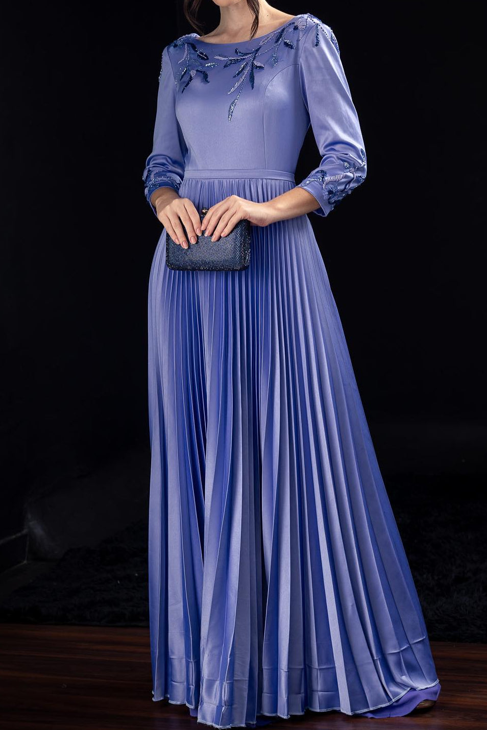 Pleated A-Line Evening Gown with Beaded Floral Accents
