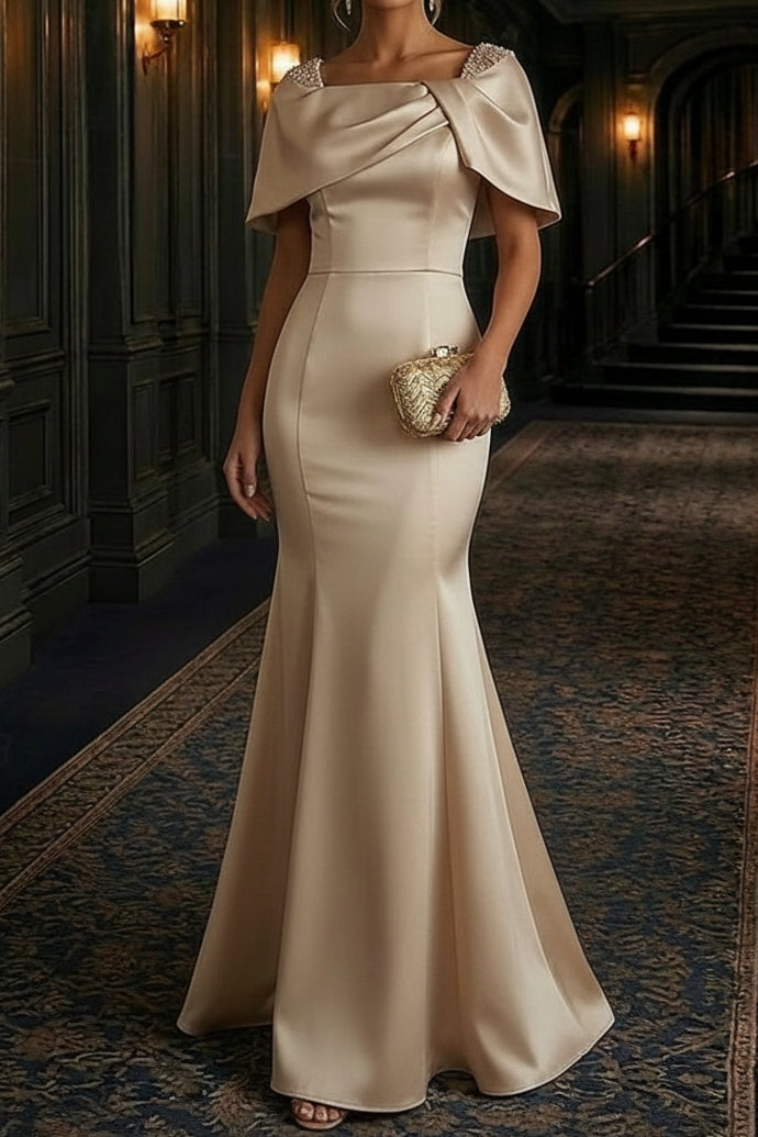 Off-the-Shoulder Cape Satin Mermaid Formal Dress