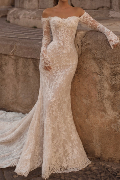 Off-Shoulder Lace Mermaid Wedding Gown with Long Sleeves